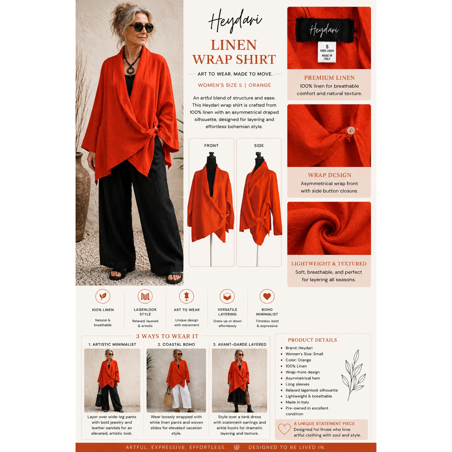 Heydari Wrap Shirt Linen Szs Tomato Lagenlook Boho Art To Wear